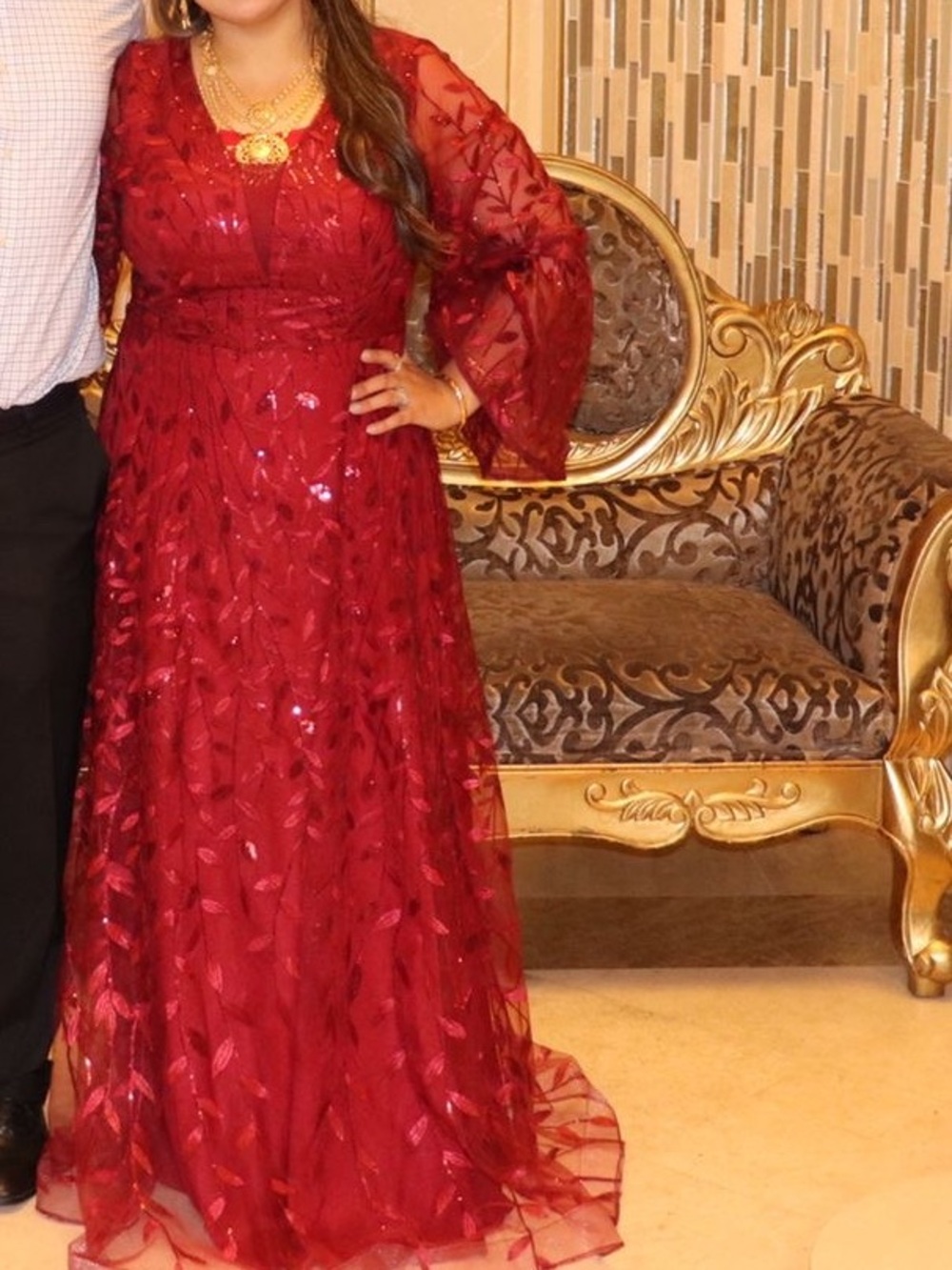 Shein Wine Red Embroidered V-Neck Long Sleeve Dress